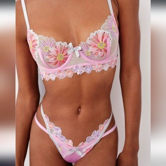 For Love And Lemons Aster Embroidery New Bra Lace Pink Floral Underwire Size XS - Picture 4 of 11